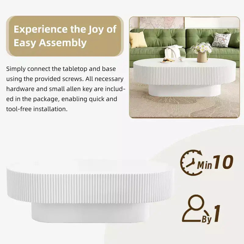 Wood Fluted Coffee Table, Modern Drum End Table, Oval Center Table with Sturdy Base for Living Room