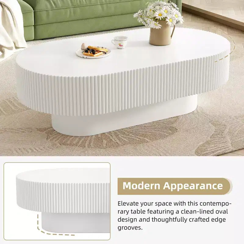 Wood Fluted Coffee Table, Modern Drum End Table, Oval Center Table with Sturdy Base for Living Room