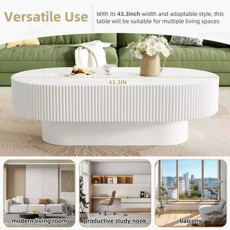 Wood Fluted Coffee Table, Modern Drum End Table, Oval Center Table with Sturdy Base for Living Room