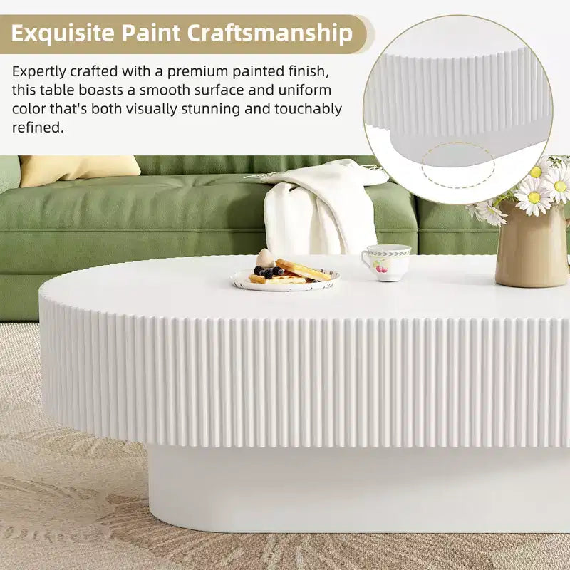 Wood Fluted Coffee Table, Modern Drum End Table, Oval Center Table with Sturdy Base for Living Room