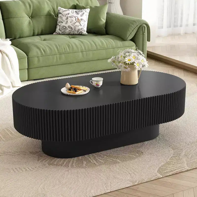 Wood Fluted Coffee Table, Modern Drum End Table, Oval Center Table with Sturdy Base for Living Room