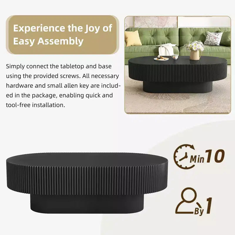 Wood Fluted Coffee Table, Modern Drum End Table, Oval Center Table with Sturdy Base for Living Room