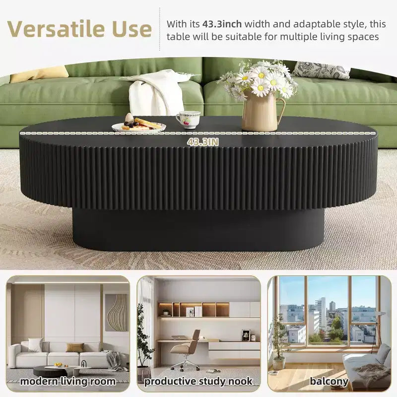 Wood Fluted Coffee Table, Modern Drum End Table, Oval Center Table with Sturdy Base for Living Room