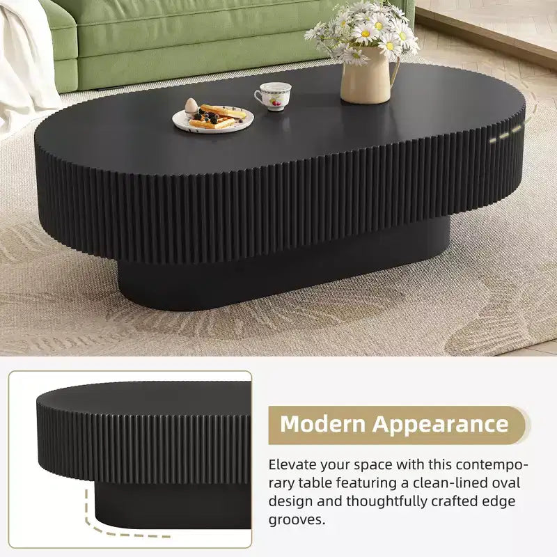Wood Fluted Coffee Table, Modern Drum End Table, Oval Center Table with Sturdy Base for Living Room