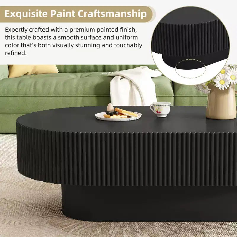 Wood Fluted Coffee Table, Modern Drum End Table, Oval Center Table with Sturdy Base for Living Room
