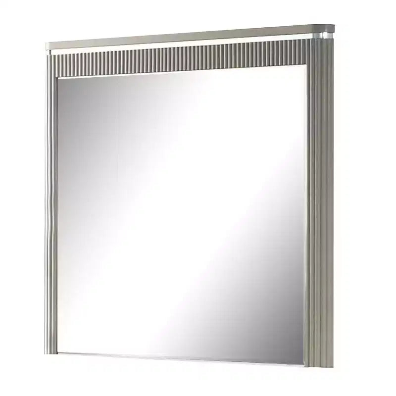 Royal Hampton Dresser Mirror, 38 Inch Light Gray Wood, Reeded Design, Silver Accents