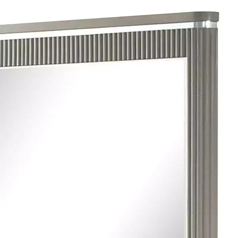 Royal Hampton Dresser Mirror, 38 Inch Light Gray Wood, Reeded Design, Silver Accents