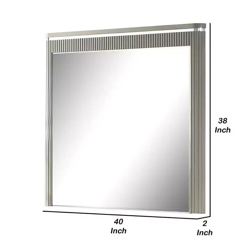 Royal Hampton Dresser Mirror, 38 Inch Light Gray Wood, Reeded Design, Silver Accents
