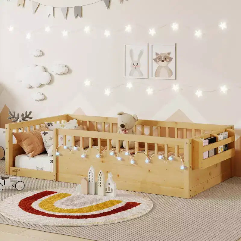 Zeus & Ruta Natural Wood Floor Bed Frame with High Rails, Built-In Light & Storage Shelf for Kids