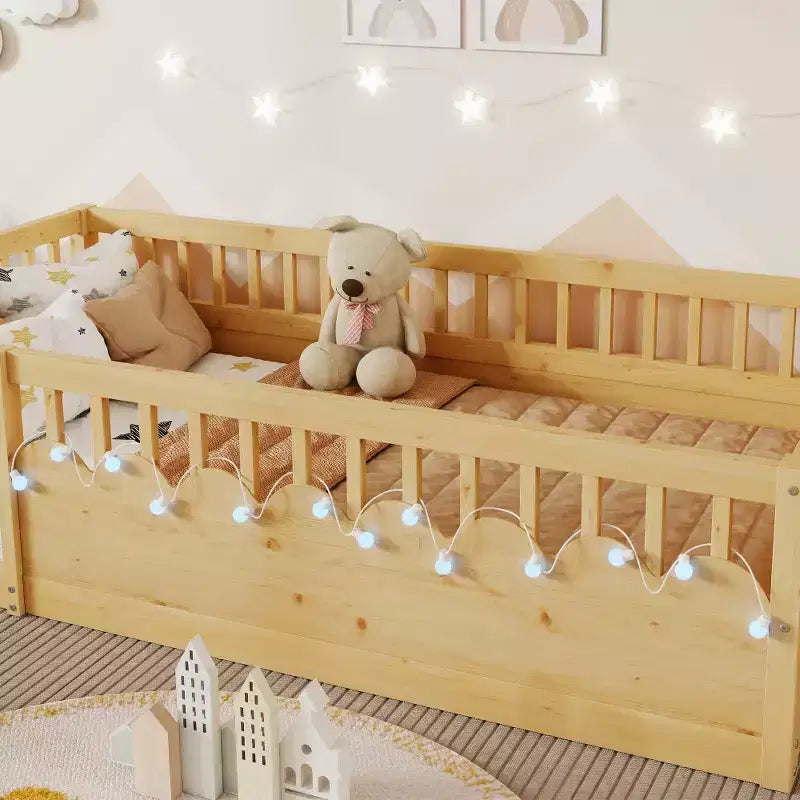 Zeus & Ruta Natural Wood Floor Bed Frame with High Rails, Built-In Light & Storage Shelf for Kids