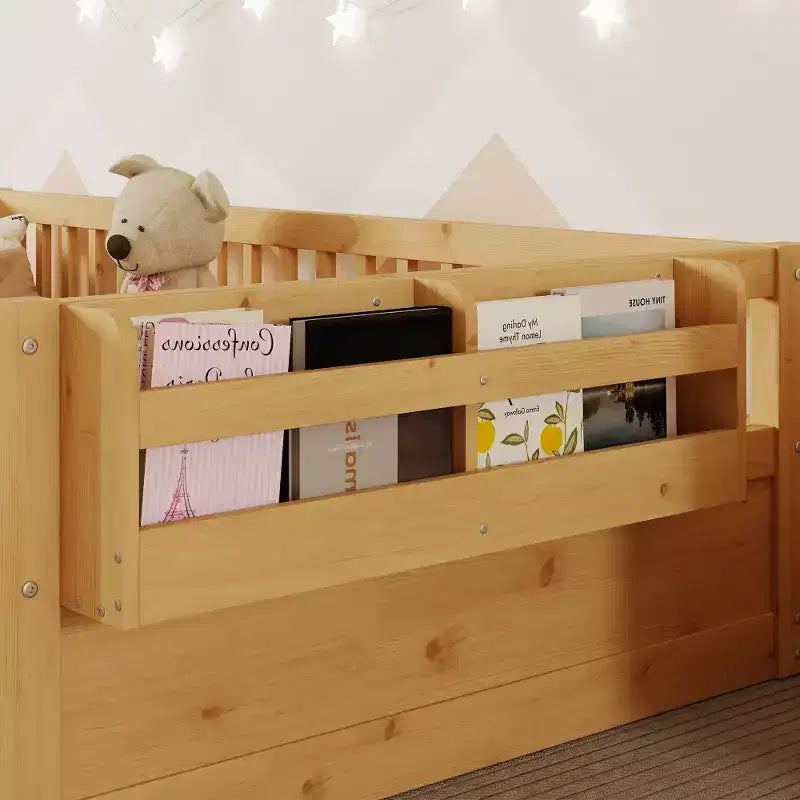 Zeus & Ruta Natural Wood Floor Bed Frame with High Rails, Built-In Light & Storage Shelf for Kids