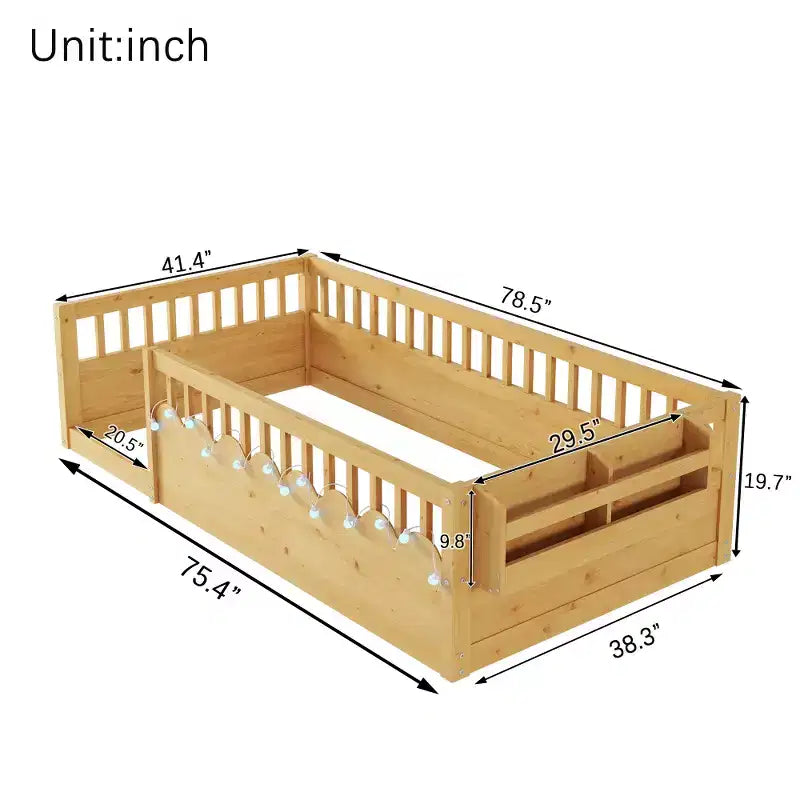 Zeus & Ruta Natural Wood Floor Bed Frame with High Rails, Built-In Light & Storage Shelf for Kids