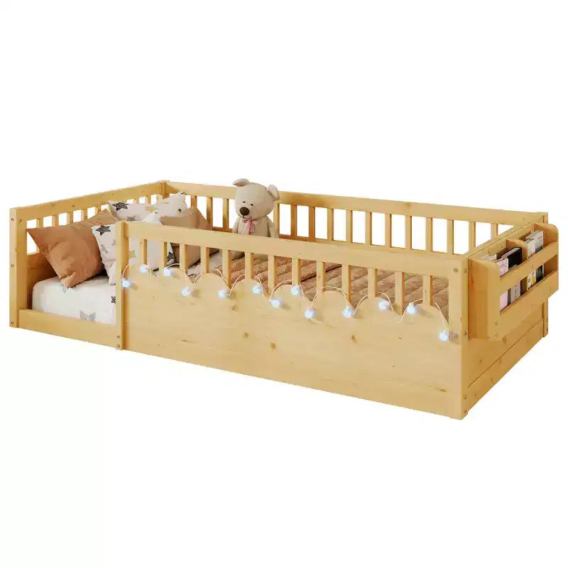 Zeus & Ruta Natural Wood Floor Bed Frame with High Rails, Built-In Light & Storage Shelf for Kids