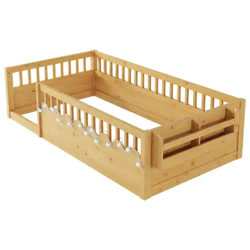 Zeus & Ruta Natural Wood Floor Bed Frame with High Rails, Built-In Light & Storage Shelf for Kids