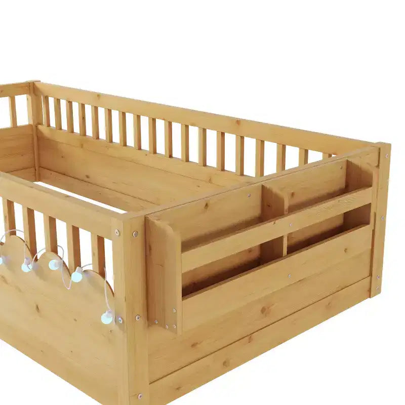 Zeus & Ruta Natural Wood Floor Bed Frame with High Rails, Built-In Light & Storage Shelf for Kids