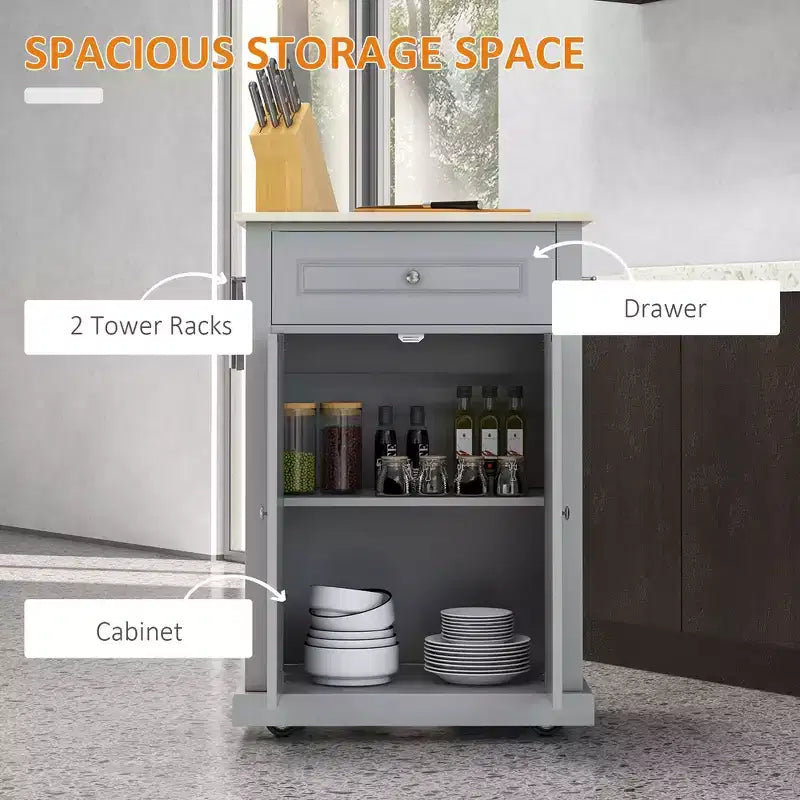 Rolling Kitchen Island Cart, Portable Serving Trolley Table with Drawer, Adjustable Shelf and 2 Towel Racks