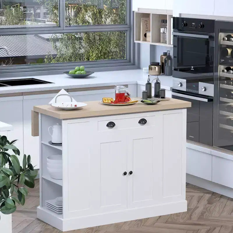 47 Fluted-Style Wooden Kitchen Island, Kitchen Countertop Storage Cabinet with Drop Leaf, Drawer, Open Shelves, Storage