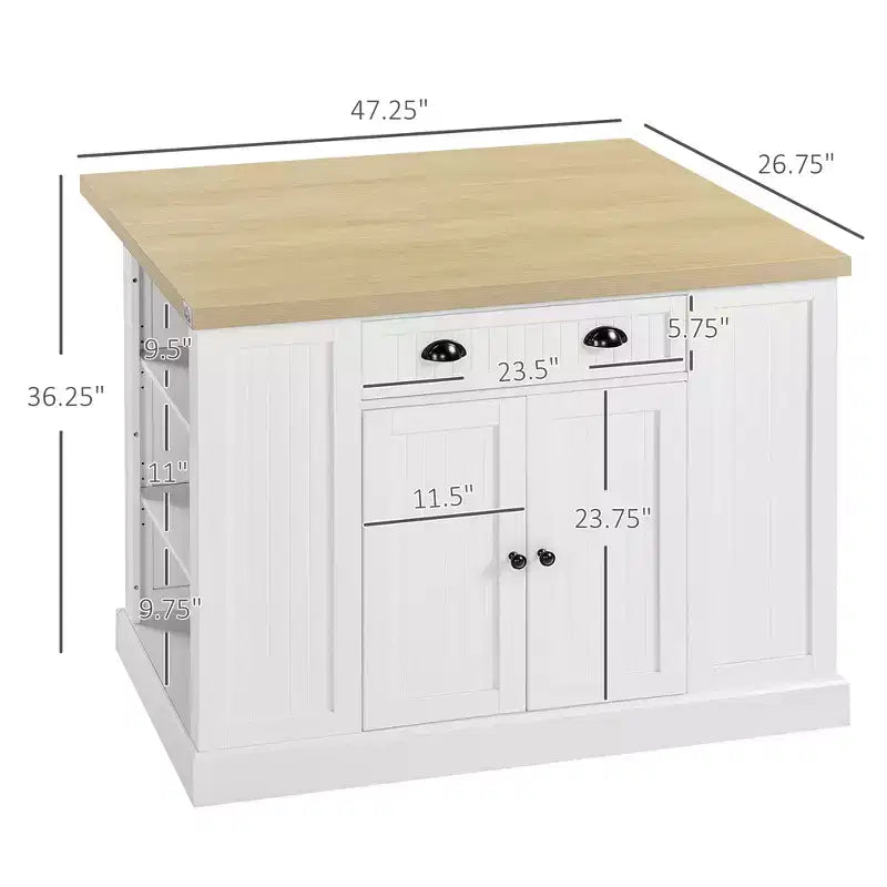 47 Fluted-Style Wooden Kitchen Island, Kitchen Countertop Storage Cabinet with Drop Leaf, Drawer, Open Shelves, Storage