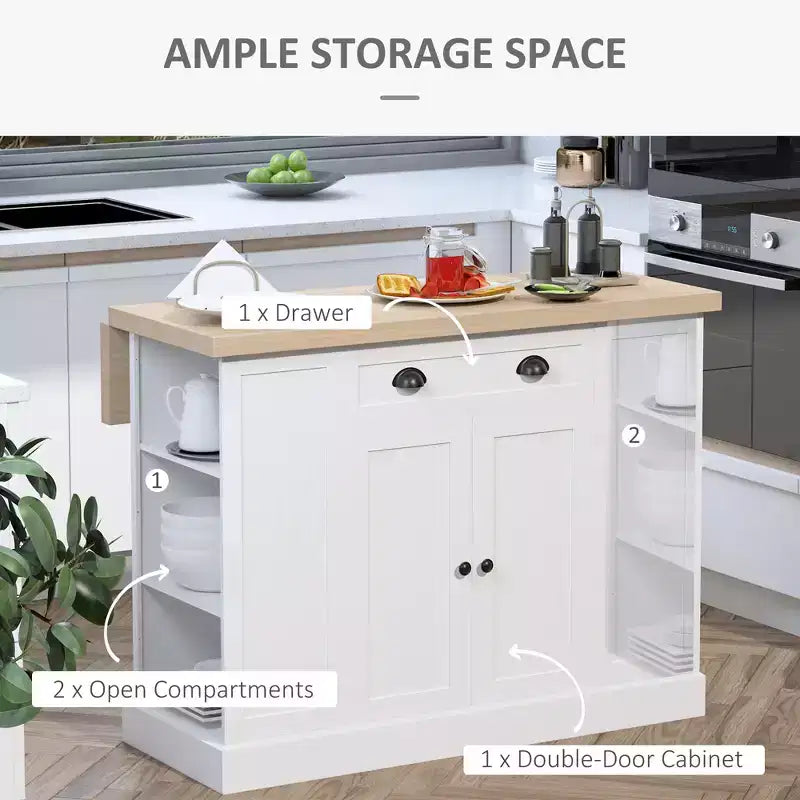 47 Fluted-Style Wooden Kitchen Island, Kitchen Countertop Storage Cabinet with Drop Leaf, Drawer, Open Shelves, Storage