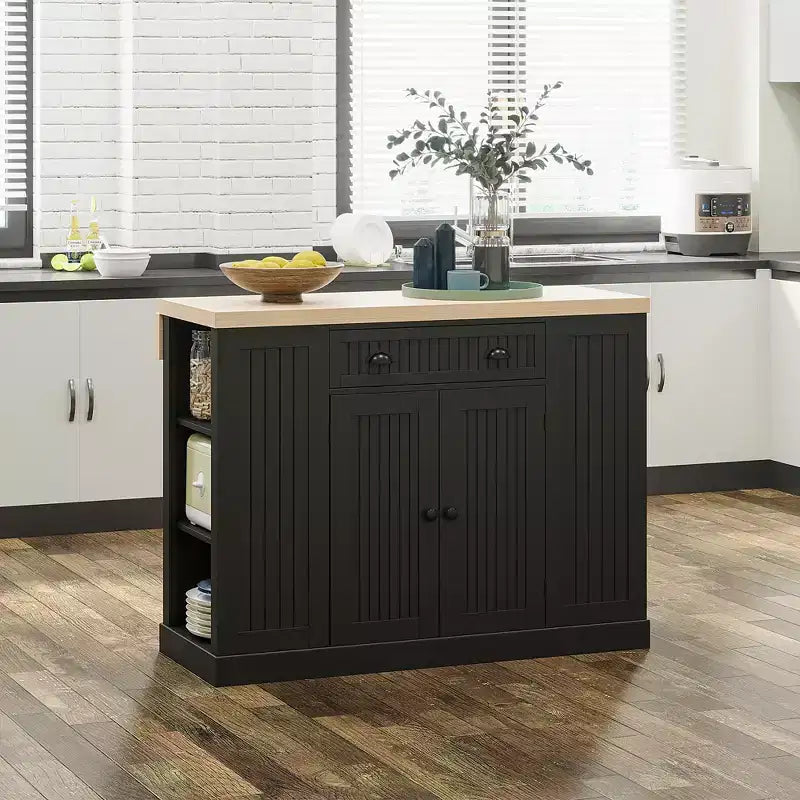 47 Fluted-Style Wooden Kitchen Island, Kitchen Countertop Storage Cabinet with Drop Leaf, Drawer, Open Shelves, Storage