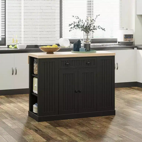 47 Fluted-Style Wooden Kitchen Island, Kitchen Countertop Storage Cabinet with Drop Leaf, Drawer, Open Shelves, Storage
