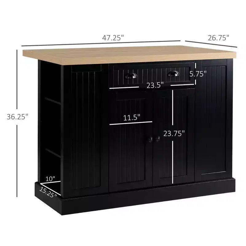 47 Fluted-Style Wooden Kitchen Island, Kitchen Countertop Storage Cabinet with Drop Leaf, Drawer, Open Shelves, Storage
