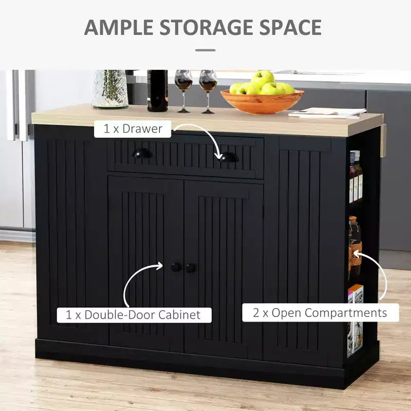 47 Fluted-Style Wooden Kitchen Island, Kitchen Countertop Storage Cabinet with Drop Leaf, Drawer, Open Shelves, Storage