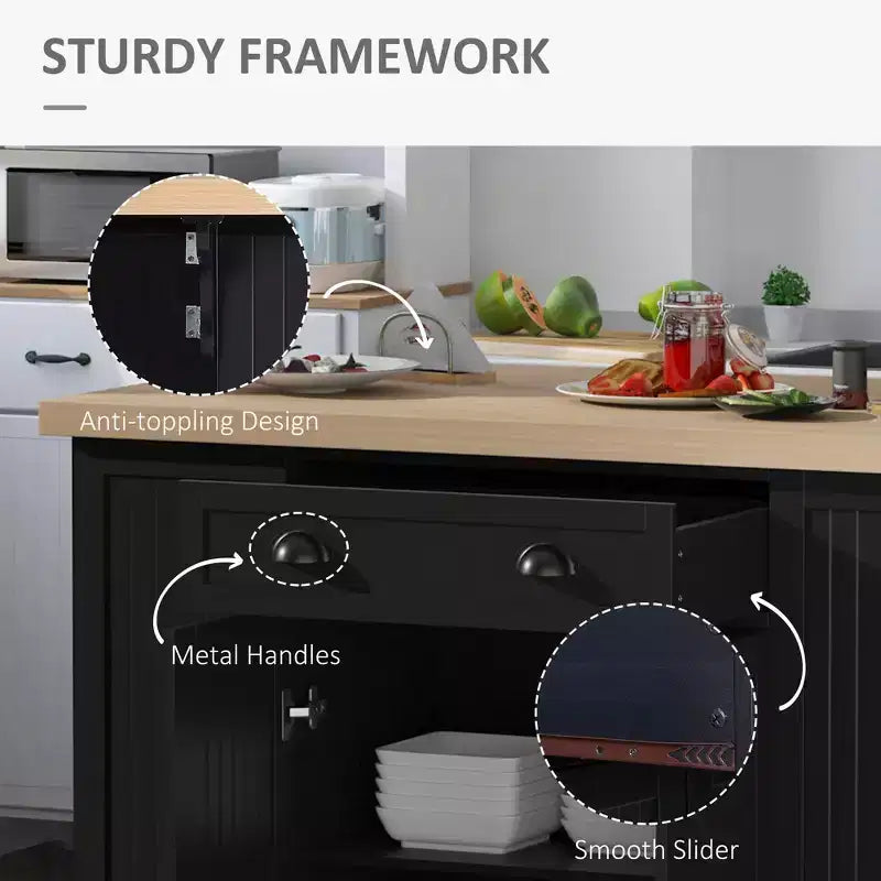 47 Fluted-Style Wooden Kitchen Island, Kitchen Countertop Storage Cabinet with Drop Leaf, Drawer, Open Shelves, Storage