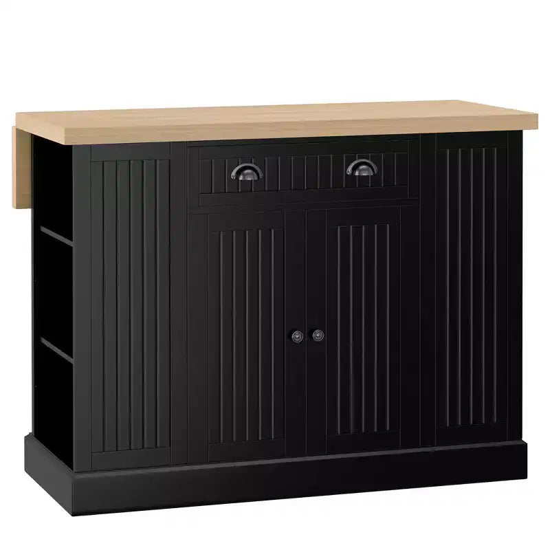 47 Fluted-Style Wooden Kitchen Island, Kitchen Countertop Storage Cabinet with Drop Leaf, Drawer, Open Shelves, Storage