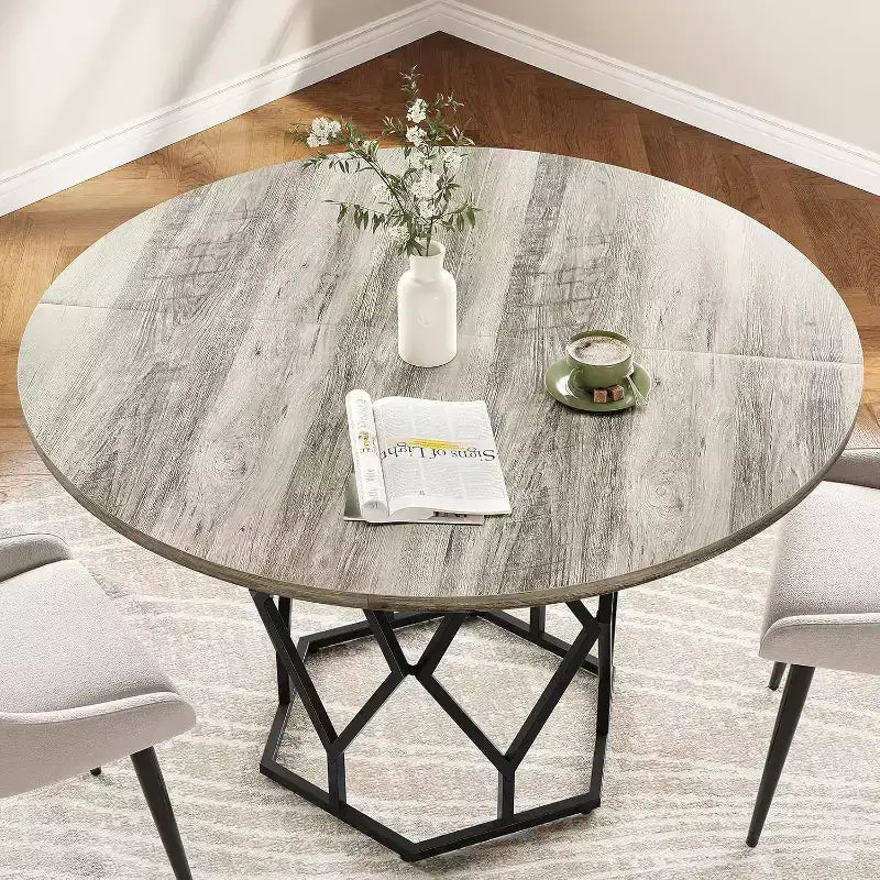 47 Round Farmhouse Dining Table for 4-6, Industrial Wood Kitchen Table with Sturdy Base for Dining Room