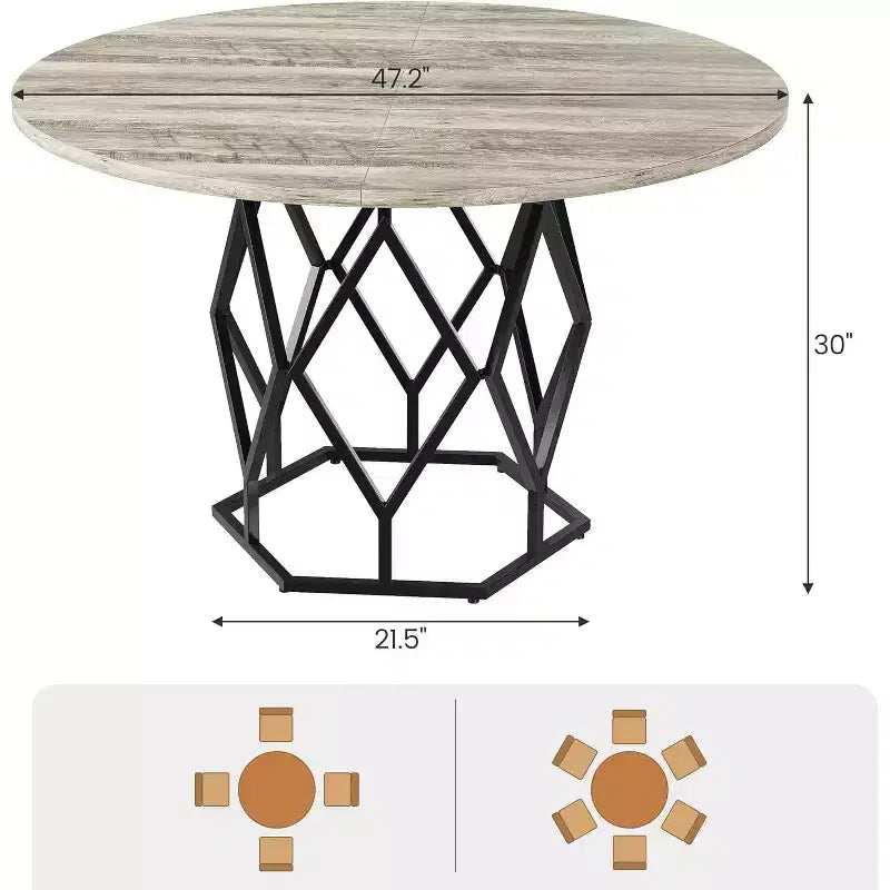 47 Round Farmhouse Dining Table for 4-6, Industrial Wood Kitchen Table with Sturdy Base for Dining Room