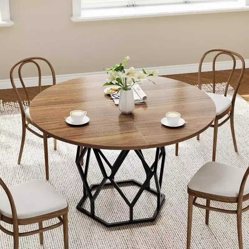 47 Round Farmhouse Dining Table for 4-6, Industrial Wood Kitchen Table with Sturdy Base for Dining Room