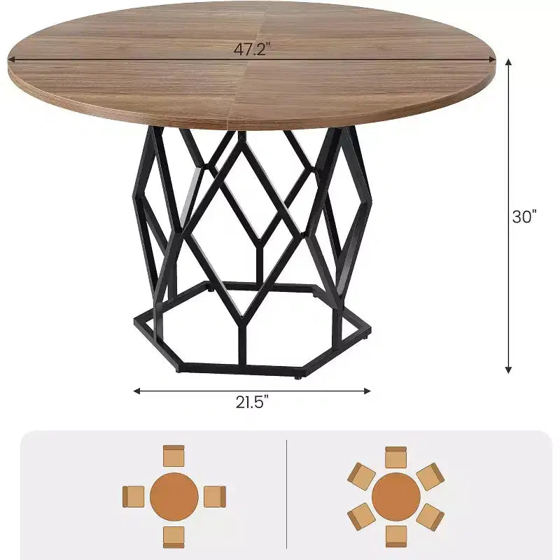 47 Round Farmhouse Dining Table for 4-6, Industrial Wood Kitchen Table with Sturdy Base for Dining Room