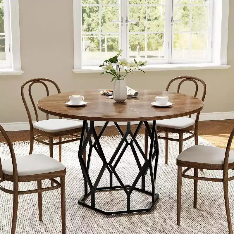 47 Round Farmhouse Dining Table for 4-6, Industrial Wood Kitchen Table with Sturdy Base for Dining Room