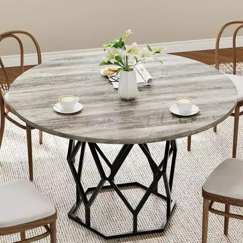 47 Round Farmhouse Dining Table for 4-6, Industrial Wood Kitchen Table with Sturdy Base for Dining Room