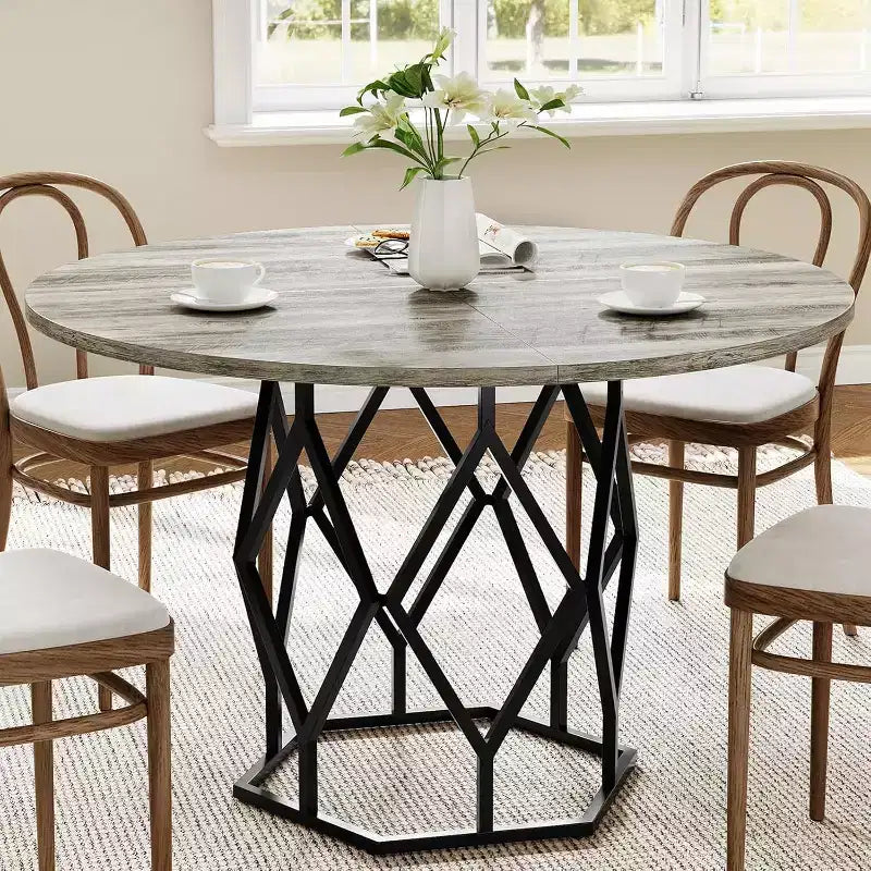 47 Round Farmhouse Dining Table for 4-6, Industrial Wood Kitchen Table with Sturdy Base for Dining Room