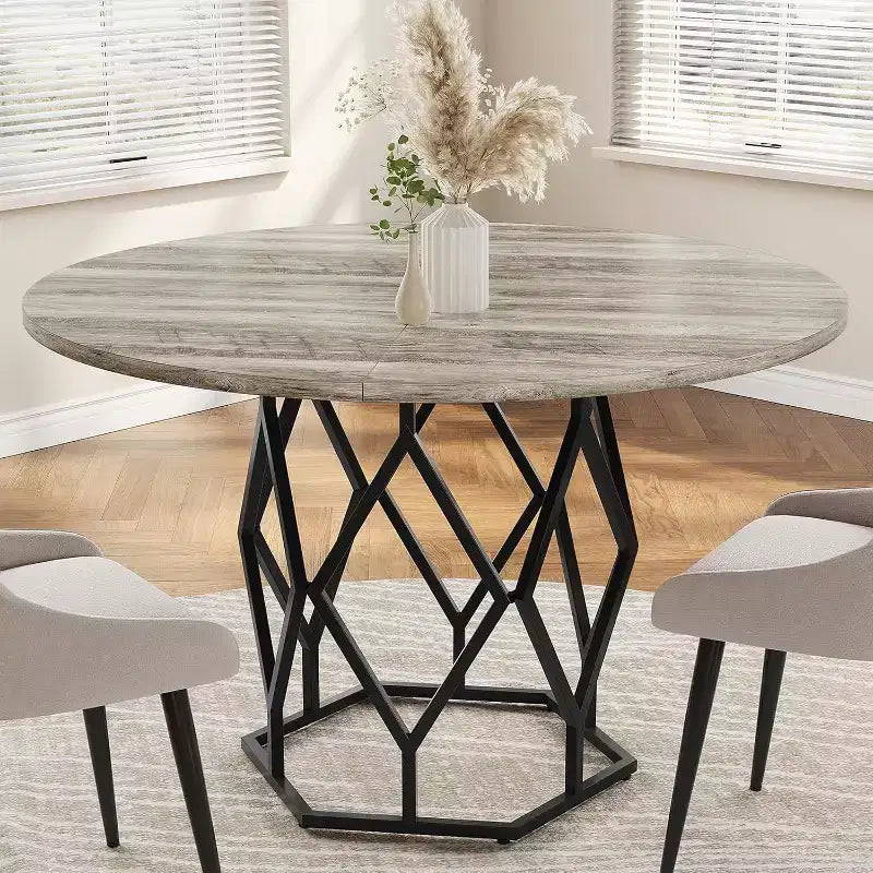 47 Round Farmhouse Dining Table for 4-6, Industrial Wood Kitchen Table with Sturdy Base for Dining Room