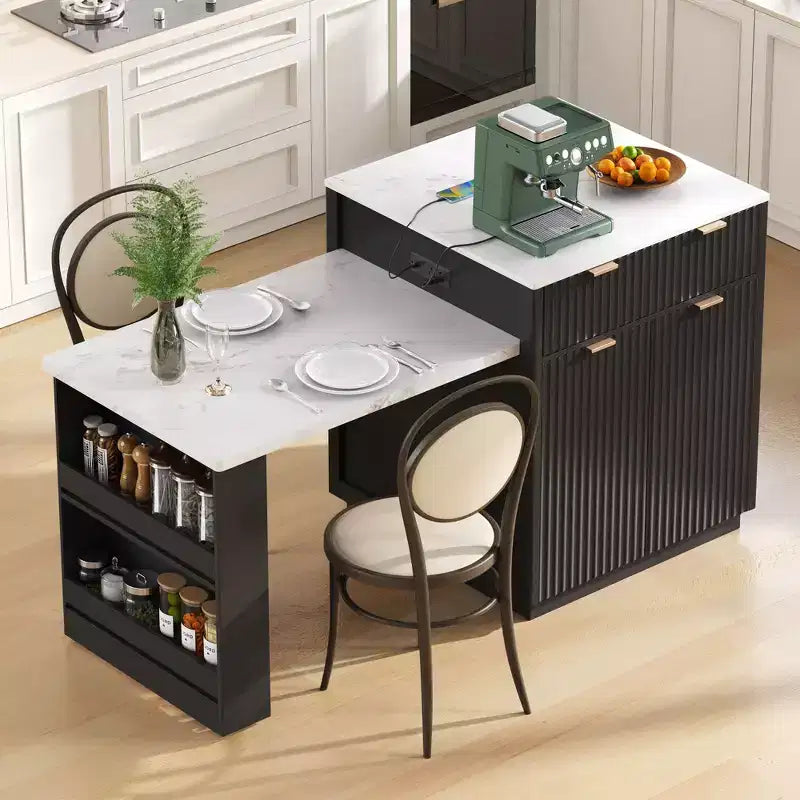 82.6 inch White Fluted Kitchen Island with Extendable Dining Table for 4-6 Kitchen Island Table for Kitchen Dining Room