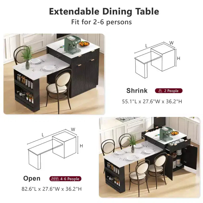 82.6 inch White Fluted Kitchen Island with Extendable Dining Table for 4-6 Kitchen Island Table for Kitchen Dining Room