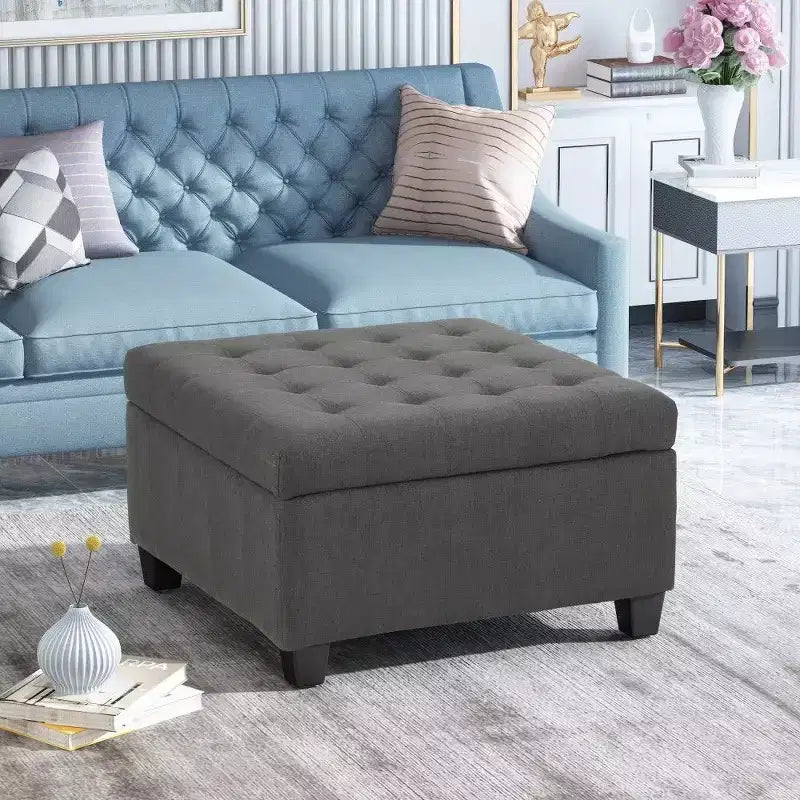 TUYOHW 31 Square Storage Bench,End of Bed Ottoman Bench with Button-Tufted Lid,Ottoman for Living Room,Entryway