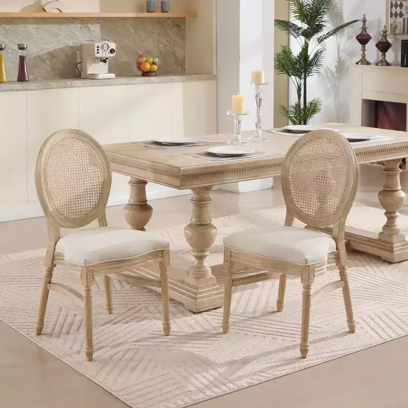 Set of 2 French Rustic Upholstered Dining Chairs with Round Rattan Back, Farmhouse Solid Wood Armless Kitchen Chairs for Dining Room-Panipeachy
