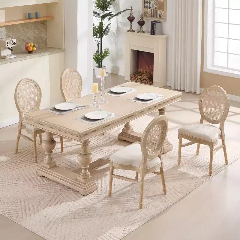 Set of 2 French Rustic Upholstered Dining Chairs with Round Rattan Back, Farmhouse Solid Wood Armless Kitchen Chairs for Dining Room-Panipeachy