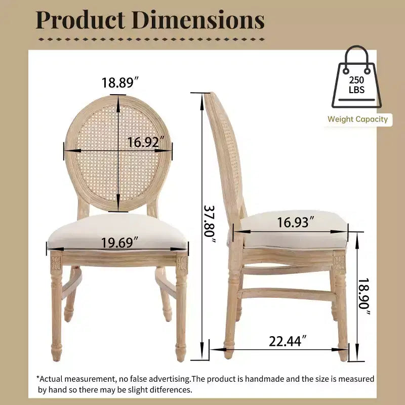Set of 2 French Rustic Upholstered Dining Chairs with Round Rattan Back, Farmhouse Solid Wood Armless Kitchen Chairs for Dining Room-Panipeachy