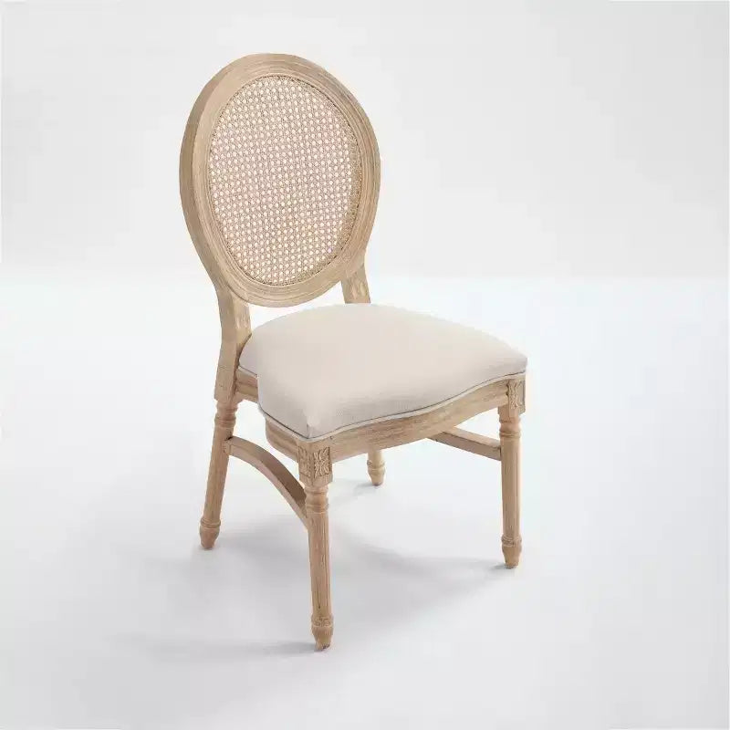 Set of 2 French Rustic Upholstered Dining Chairs with Round Rattan Back, Farmhouse Solid Wood Armless Kitchen Chairs for Dining Room-Panipeachy