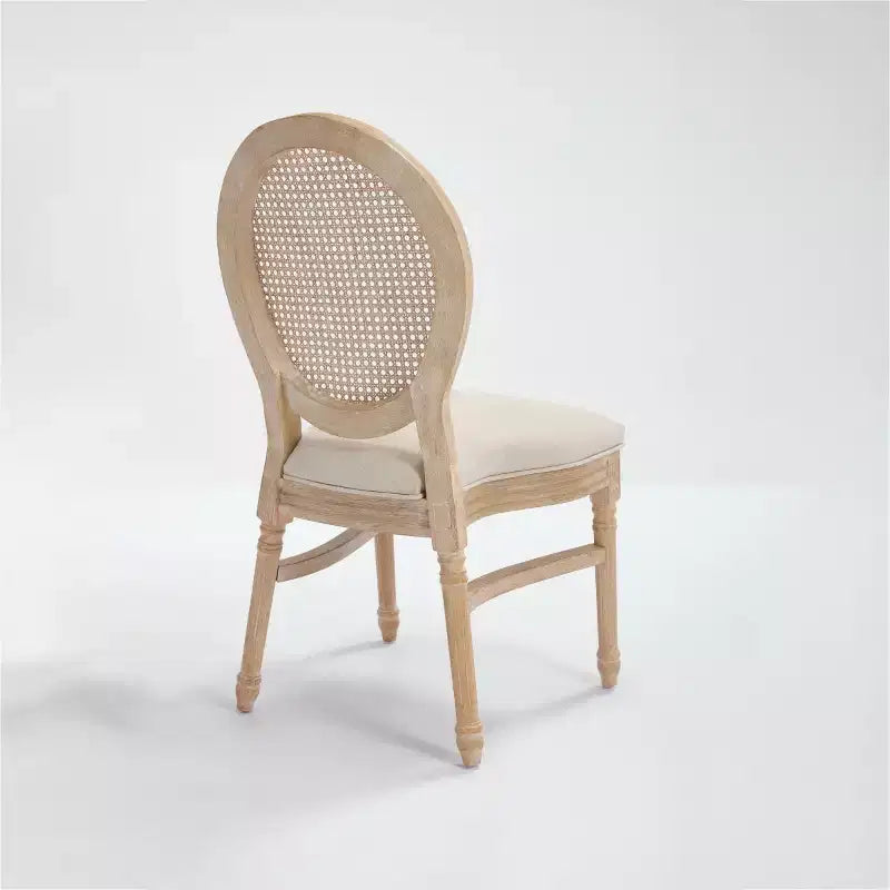 Set of 2 French Rustic Upholstered Dining Chairs with Round Rattan Back, Farmhouse Solid Wood Armless Kitchen Chairs for Dining Room-Panipeachy