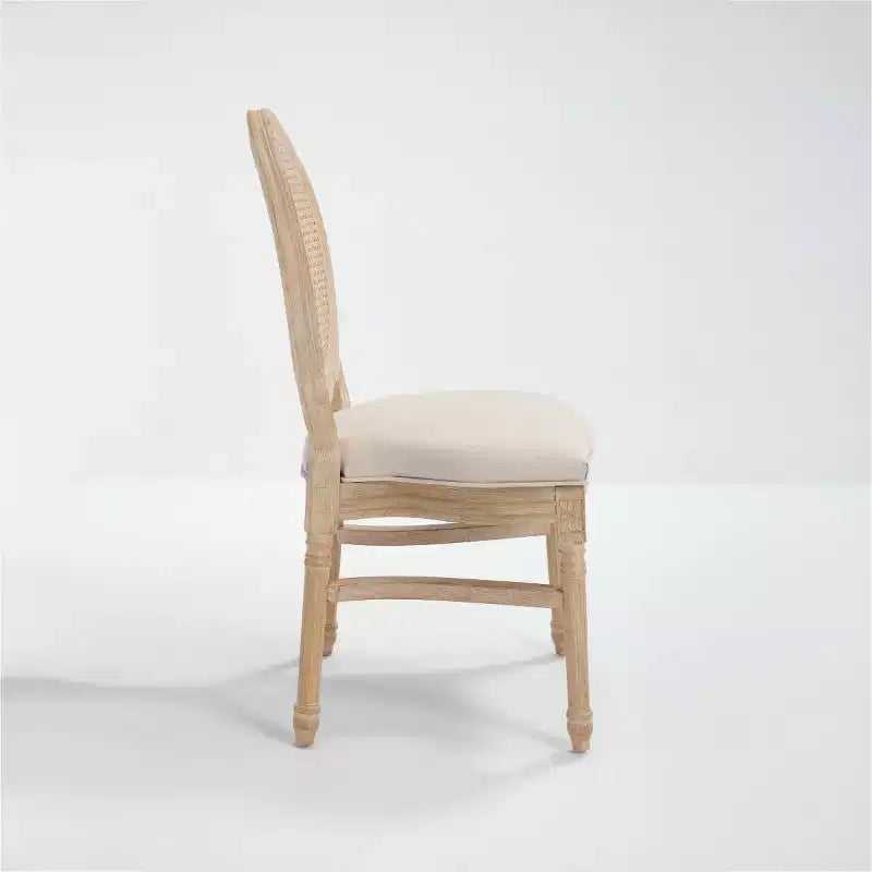 Set of 2 French Rustic Upholstered Dining Chairs with Round Rattan Back, Farmhouse Solid Wood Armless Kitchen Chairs for Dining Room-Panipeachy