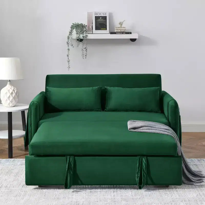 GDFStudio Vynn 55 Modern Convertible Velvet Upholstered Sofa Bed with 2 Pillows and Detachable Arm Pockets