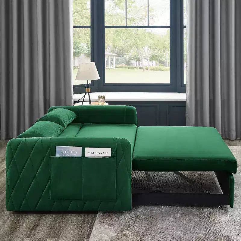 GDFStudio Vynn 55 Modern Convertible Velvet Upholstered Sofa Bed with 2 Pillows and Detachable Arm Pockets
