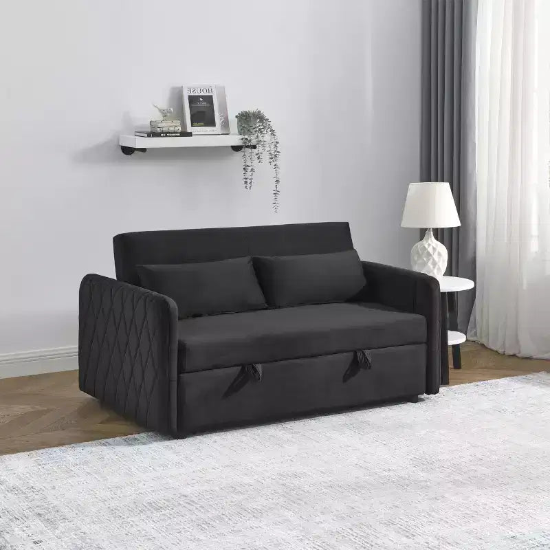 GDFStudio Vynn 55 Modern Convertible Velvet Upholstered Sofa Bed with 2 Pillows and Detachable Arm Pockets