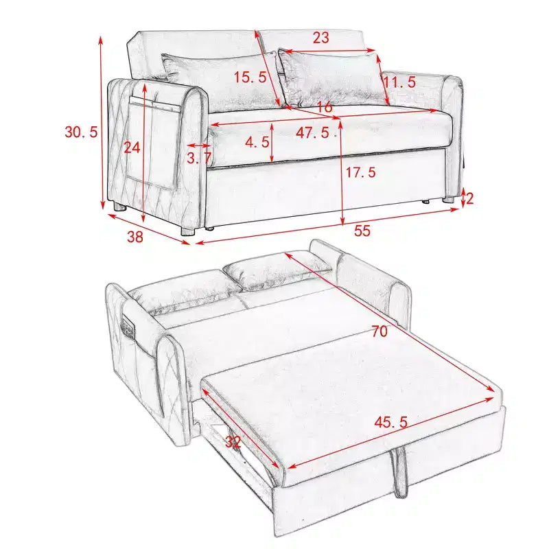 GDFStudio Vynn 55 Modern Convertible Velvet Upholstered Sofa Bed with 2 Pillows and Detachable Arm Pockets